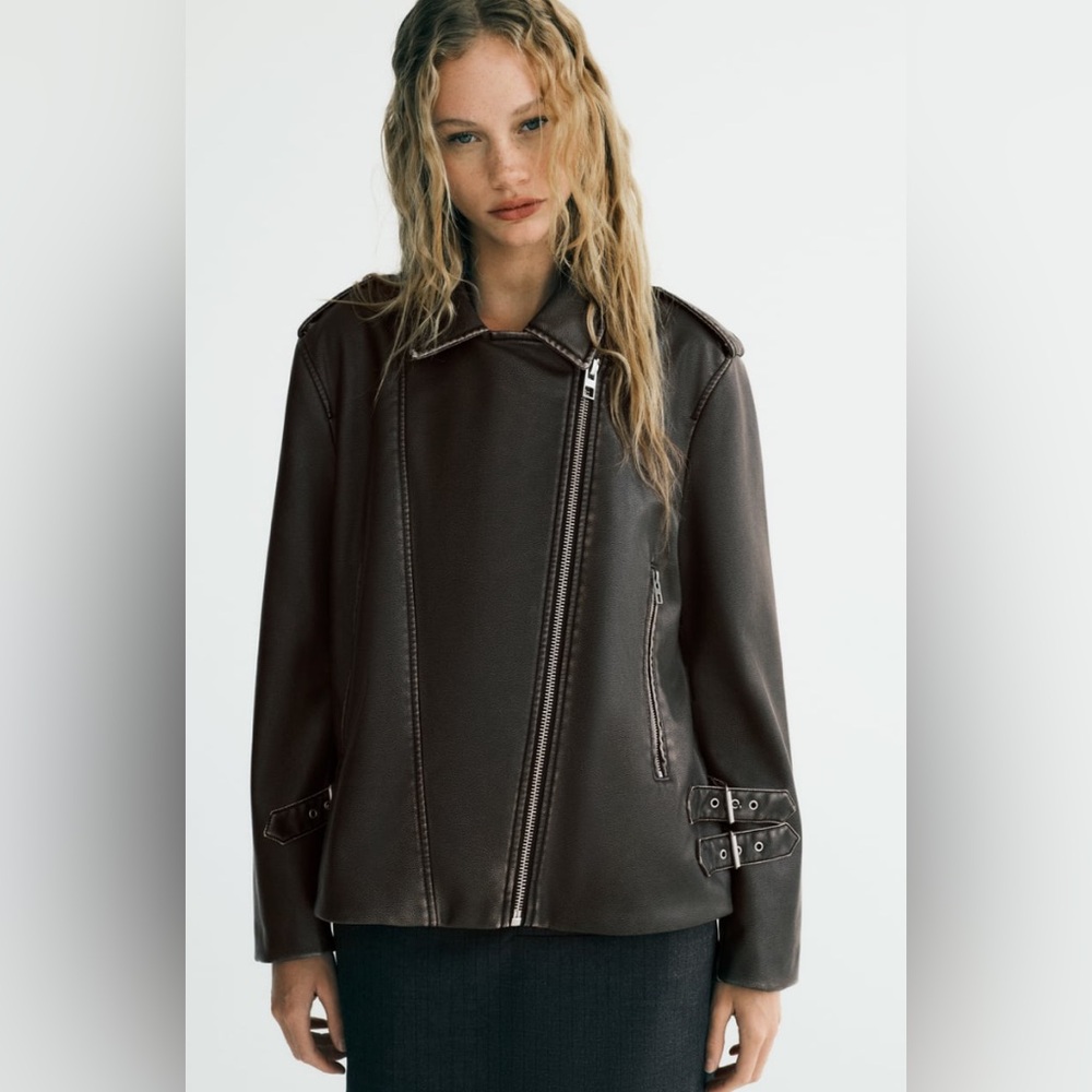 Zara FAUX LEATHER BIKER JACKET. Gray/Beige. Size XS. New with Tags. - Picture 4 of 12